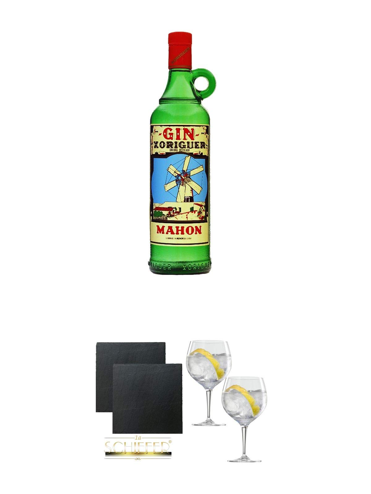 Gin Xoriguer Mahon Gin 0,7 Liter + Schiefer Glasuntersetzer eckig ca. 9,5 cm Ø 2 Stück + Spiegelau Gin & Tonic 4390179 2 Gläser