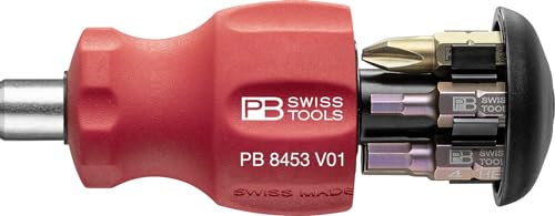 PB Swiss Tools Bithalter Schraubendreher PB 8453.V01 | 100% Swiss Made | Stubby Schraubendreher mit Schiebemagazin, 6 Bits C6 Schlitz/Kreuz/Innensechskant und magnetischer Bitaufnahme