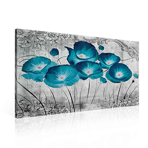 Muster Blumen Mohnblume Türkis Leinwand Bilder (PP2378O1FW) - Wallsticker Warehouse - Size O1 - 100cm x 75cm - 230g/m2 Canvas - 1 Piece