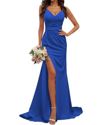 WSEYU Meerjungfrau Enge Brautjungfernkleider mit V-Ausschnitt und hohem Schlitz 2024 plissiert formelles Partykleid, königsblau, 38