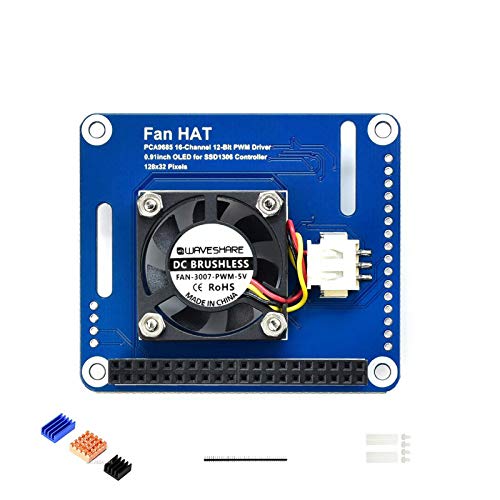 Coolwell Waveshare PWM Controlled Fan HAT for Raspberry Pi I2C Bus PCA9685 Driver with Real Time Temperature Monitor Auto Adjustment Up to 16-Ch PWM Outputs