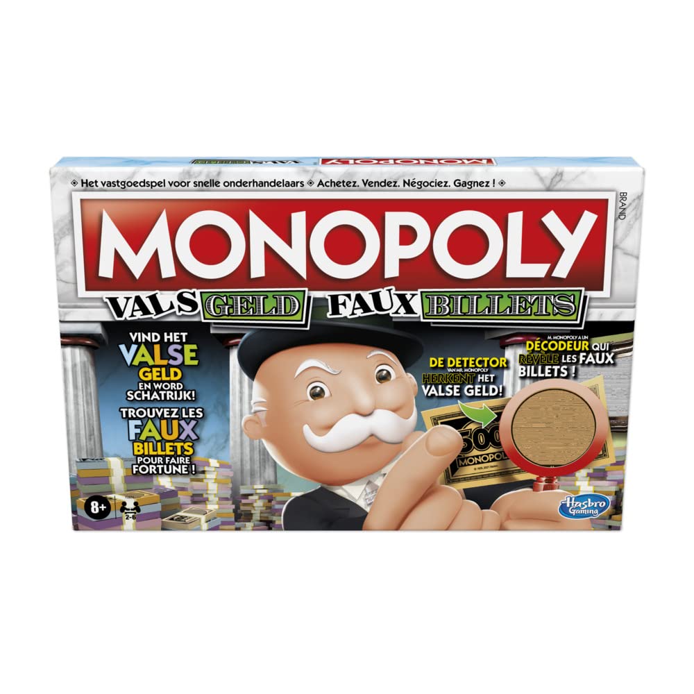 Monopoly FALSCHGELD - Belgische Edition Brettspiel für Familien und Kinder ab 8 Jahren mit Mr. Monopolys Detektor zur Erkennung von Falschgeld und gefälschten Karten für 2-6 Spieler