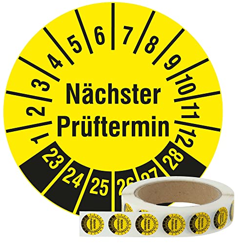 Labelident Mehrjahresprüfplaketten Nächster Prüftermin 2023-2028 - Ø 20 mm - 1000 Prüfplaketten auf Rolle, Polyethylen, Prüfetiketten gelb