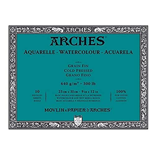 Arches Aquarelle – Block 10 Blatt 23 x 31 cm, geklebt, 4 Seiten – 640 g/m² – Satinierte Körnung, Naturweiß, 4 Francs