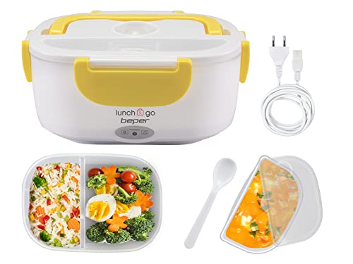 Beper Lunch & Go - Wärmende Lunchbox, tragbarer elektrischer Speisenwärmer, 2 herausnehmbare Behälter, Stahlheizplatte, mitgeliefertes Plastikbesteck, 220 V - Gelb