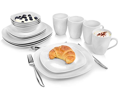 SÄNGER | Kombiservice Bilgola in weiß, 16-teiliges Geschirrset aus Porzellan für 4 Personen, Teller, Tassen, Schalen, Eckiges Design