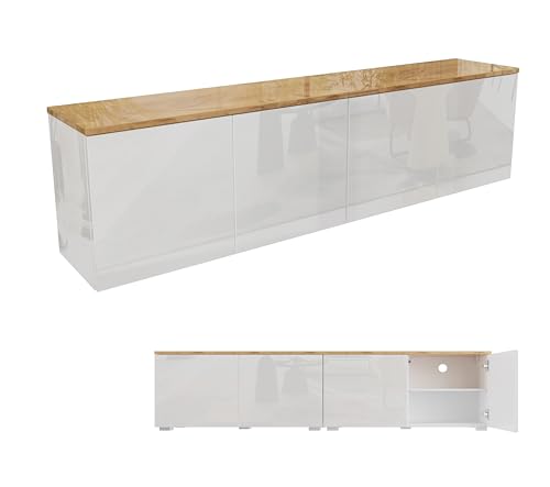 TV Lowboard Sideboard 90 cm / 180 cm breit mit Push-to -Open-Funktion hängend stehend für Wohn-, Schlaf-, Kinderzimmer in Hochglanz Eiche Gold (Eiche Hochglanz / Weiß Hochglanz, 180 (2 x 90) cm)