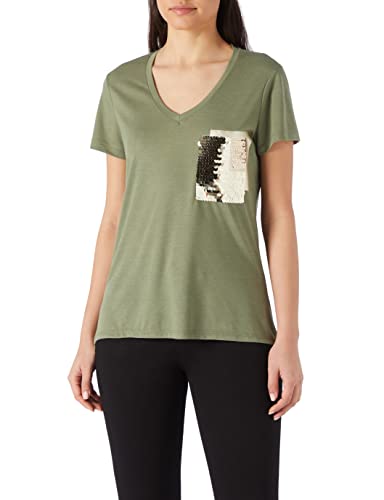 Koton Damen V-Ausschnitt Pailletten-Kurzarm T-Shirt, Khaki (801), S