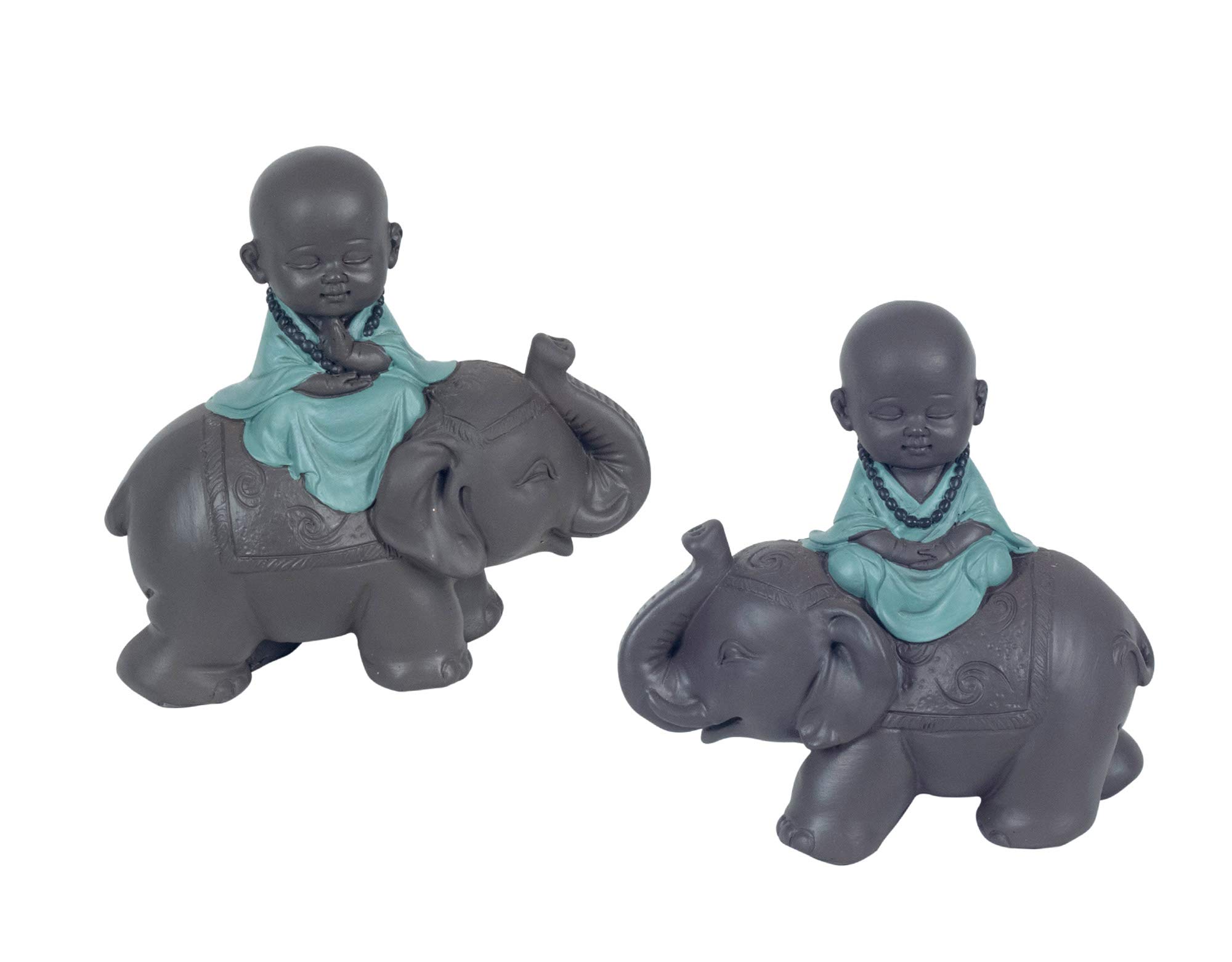 G&S Set mit 2 Figuren aus Kunstharz, Mini-Bonze auf Elefant, Höhe 12 cm