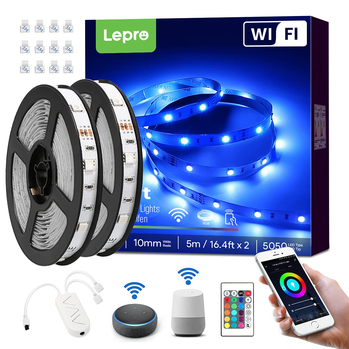 Lepro LED Strip Alexa 10M, 2x5M, RGB Dimmbar 300 LEDs, LED Streifen Wifi, Wlan LED Band,Selbstklebend Superhell Lichtband Lichterkette Stripes mit Fernbedienung, Kompatibel mit Alexa,App,Google Home