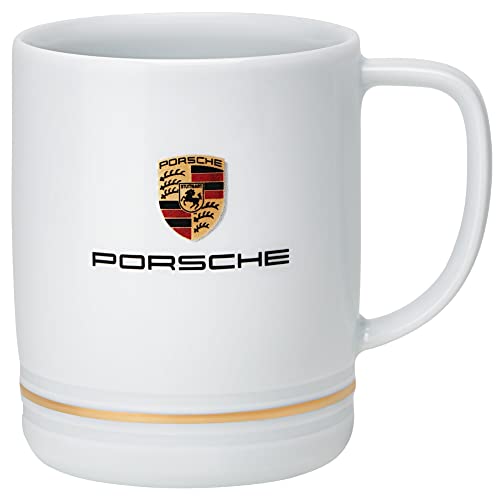 Kleine Porzellantasse "Porsche", Weiß, mit Wappen und goldfarbenem Rand, 0,25 Liter