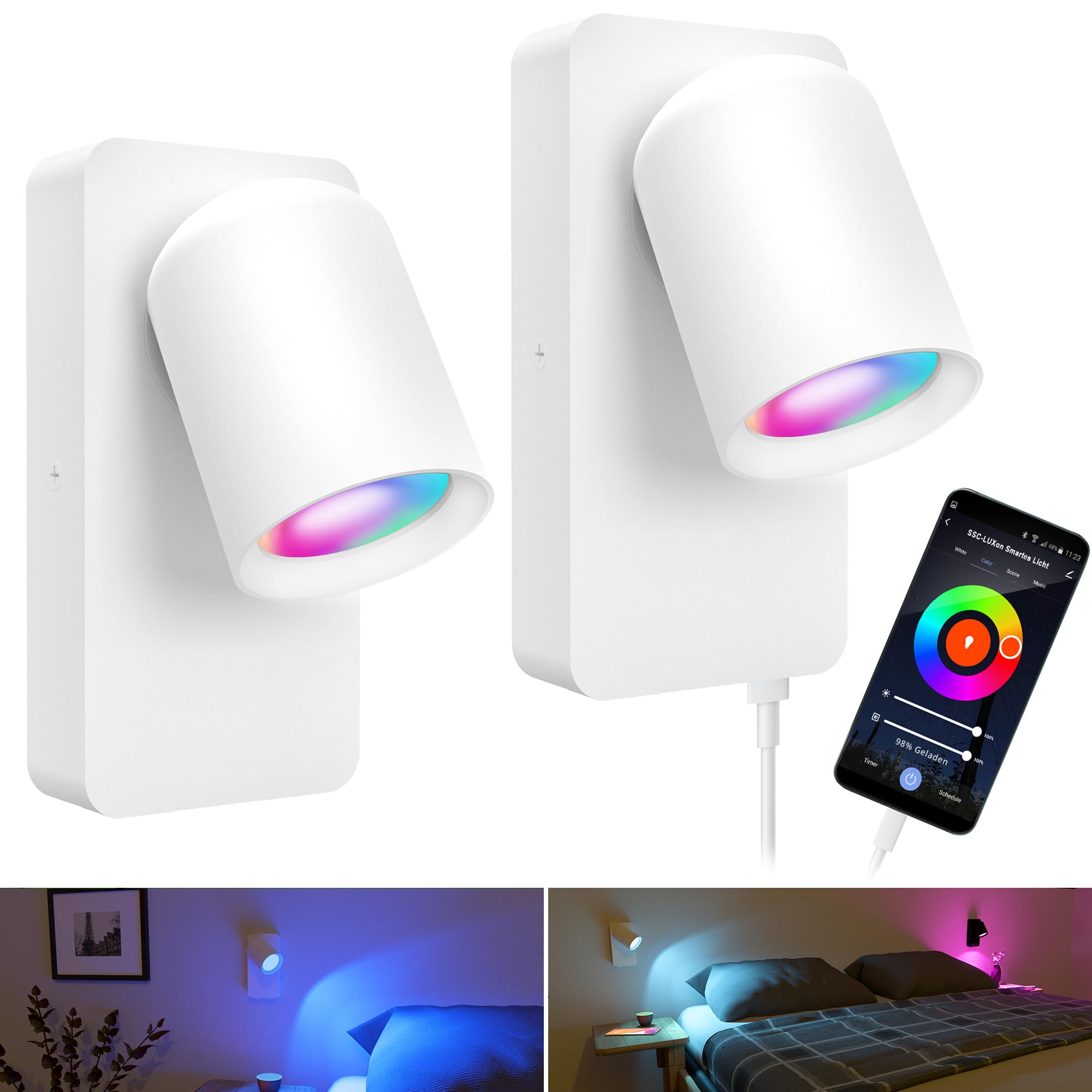SSC-LUXon NERU 2 Stück Design Nachttischlampe weiß - Wandlampe innen mit USB, Schalter & Smart Home LED WiFi GU10, App Steuerung