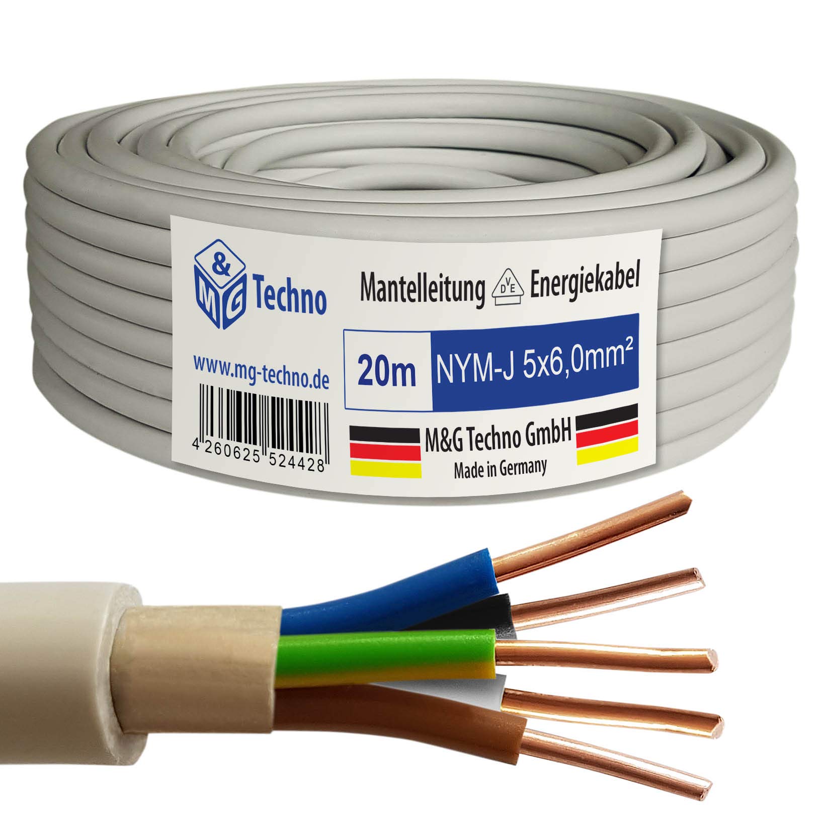 M&G Techno 20m NYM-J 5x6,0 mm² Mantelleitung Elektro Strom Kabel Kupfer eindrähtig Made in Germany