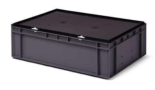 Euro-Transport-Stapelbox/Lagerbehälter, grau, mit Verschlußdeckel schwarz, 600x400x186 mm (LxBxH), 33 Liter Nutzvolumen