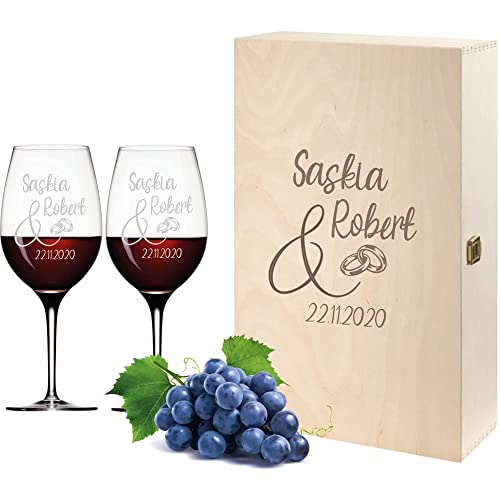 FORYOU24 2 Leonardo Weingläser mit Gravur | und Holz Geschenkbox Gravur Liebe | Geschenkidee zur Hochzeit Verlobung | Wein-Gläser graviert