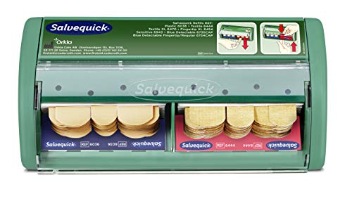 Salvequick ® | Pflasterspender| Benutzerfreundlicher Pflasterspender für die Wandmontage | Enthält zwei verschiedene Pflastersorten, 40 Textilpflaster und 45 Wasserabweisende Pflaster