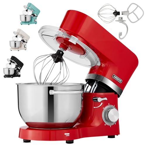 Arebos Küchenmaschine 1500W Rot | Knetmaschine mit 2x Edelstahl-Rührschüsseln | Geräuscharm | Küchenmixer mit Rührhaken, Knethaken, Schlagbesen und Spritzschutz | 6 Geschwindigkeiten