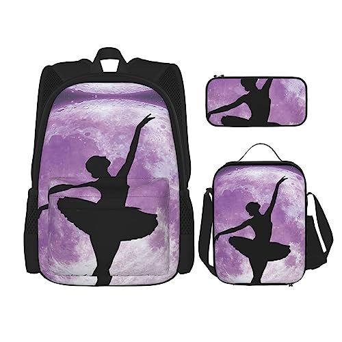 TOMPPY Ballerina Dance bedruckte Rückentasche, Rucksack-Set, 3-teilig, Schultaschen mit Lunchbox und Federmäppchen, Schwarz , Einheitsgröße, Schulranzen-Set