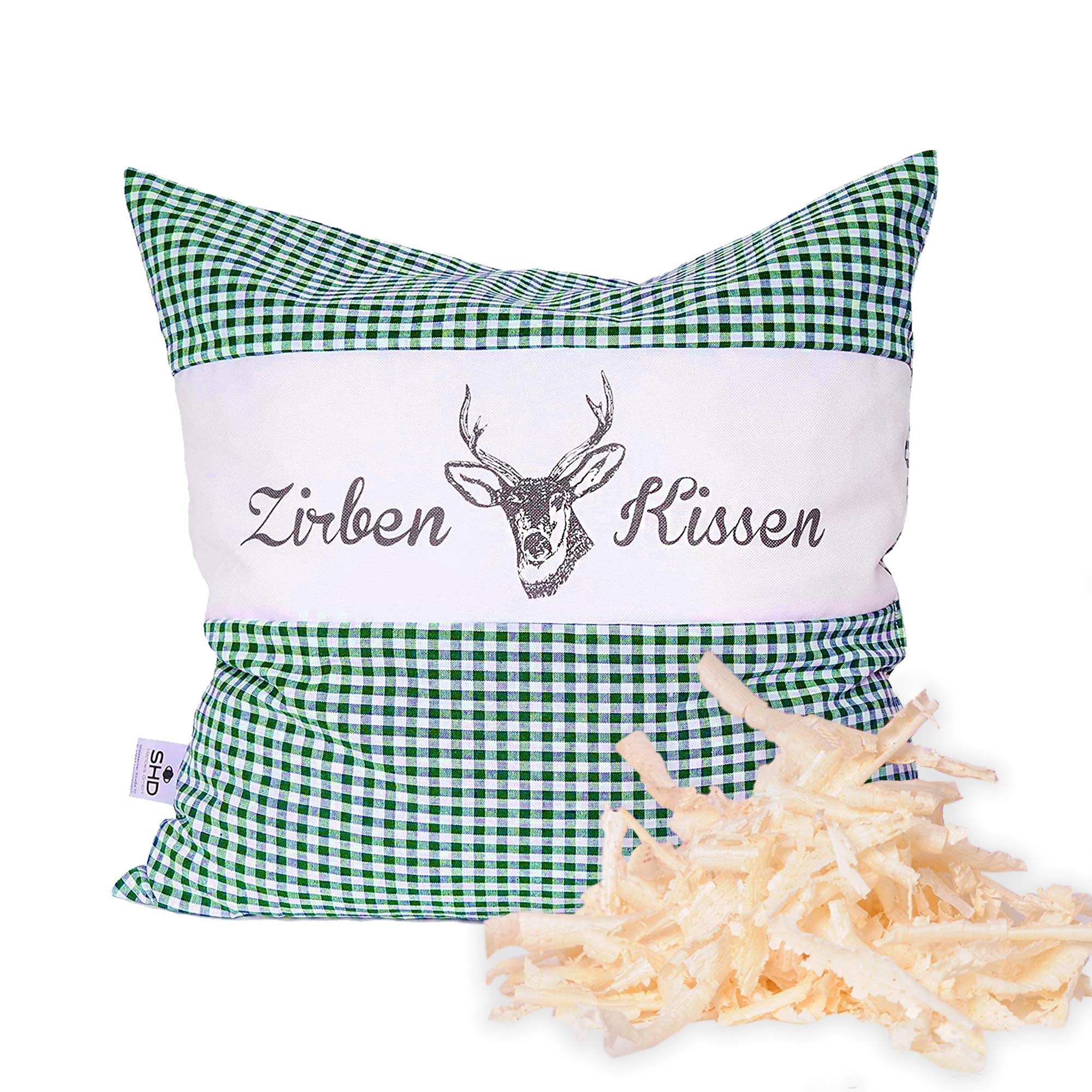 SHD Zirbenkissen Dekokissen mit Zirbenholz Alpen 100% Baumwollekariert, Decorative, natürlich duftend, Hirschprint Vichy Geschenk Frauen (Grün Kariert, 30 x 30 cm)