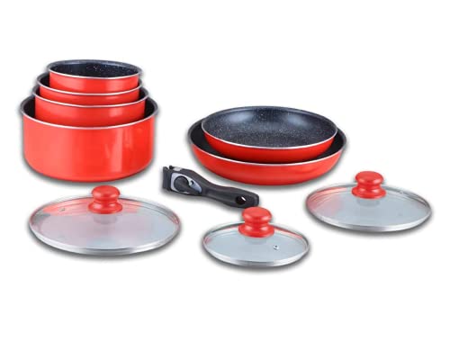 Kochgeschirr-Set – Induktions-Set – Topf und Pfanne für alle Herdarten – Kochset aus Steinbeschichtung mit abnehmbarem Griff, HG-5000, Rot