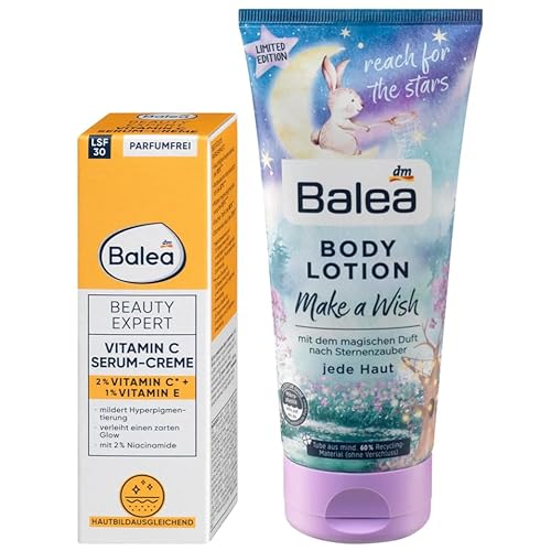 Balea 2er-Set Hautpflege: Beauty Expert VITAMIN C Serum-Creme, LSF 30, UVA-Schutz, mildert Hyperpigmentierung, schenkt strahlenden Glow & Feuchtigkeit (50 ml) + Bodylotion MAKE A WISH (200 ml), 250 ml