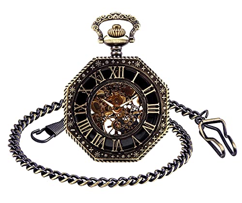 SUPBRO Damen Herren Taschenuhr Hexagon Analog Handaufzug Mechanische Kettenuhr Uhr Pullover Kette Bronze
