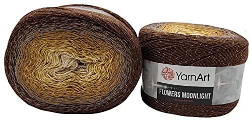 YarnArt Flowers Moonlight 520 Gramm Bobbel Wolle mit Glitzer und Farbverlauf, 53% Baumwolle, Bobble Strickwolle Mehrfarbig (braun ocker creme 3284)