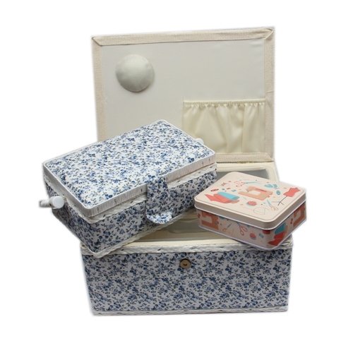 Ackermann Nähkorb-Set mit Tragegriff (1x groß und 1x mittel) + 1x kleine Accessoires-Box aus Metall (mit Zubehör), Marke Nähkorb Nähkästchen Nähkasten Nähbox (Blumenmuster (blau))