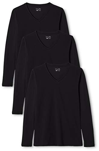 berydale Damen Langarmshirt mit V-Ausschnitt aus 100 % Baumwolle, Schwarz (3er Pack), XS
