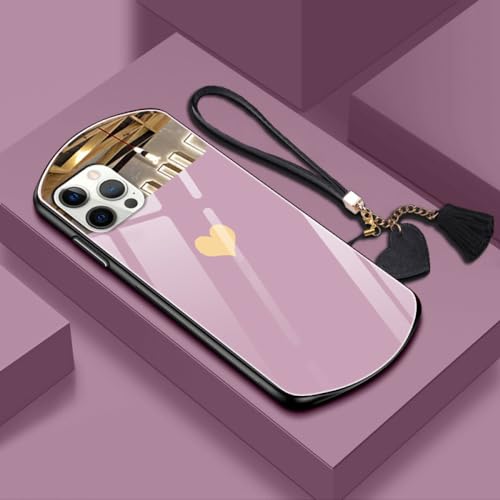 FORLUZ Luxuriöse süße ovale herzförmige Handyhülle aus gehärtetem Glas für iPhone 15 14 13 12 11 Pro Max XS X SE 8 7 Plus Spiegel-Lanyard-Abdeckung, Pink, für iPhone XSMax