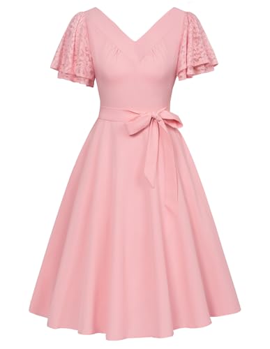 Damen Kleid Kurzarm Knielang Kleid A-Linie Elegant Freizeitkleid V-Ausschnitt Partykleid Rosa XXL
