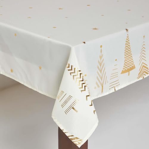 Homescapes Sparkling Gold Christmas Tablecloth 6-8 Seater Table Cloth 132 x 228 cm with Tree Xmas Pattern