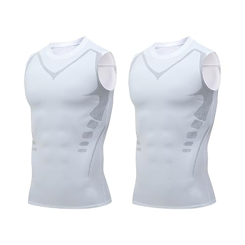 mugeleen EXPECTSKY Ionic Shaping Vest, Fivfivgo Ionic Shaping Vest for Men, Comfortable Men Compression Top, Atmungsaktiv Eisseide Weste, Body Shaper Schlankheitsweste (L, Weiß(2PCS))
