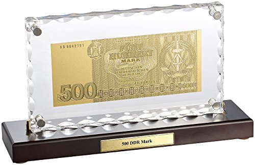 St. Leonhard Geld-Scheine Gold: Vergoldete Banknoten-Replik 500 DDR-Mark mit Aufsteller (Feingold Banknote in Originalgröße)