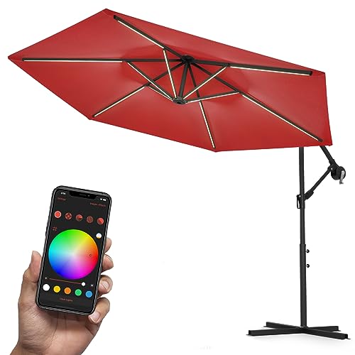 Swing & Harmonie Luxus LED Sonnenschirm mit RGB Beleuchtung inkl. Fernbedienung, APP Steuerung, Ampelschirm, Garten Schirm (Rot, 350cm)