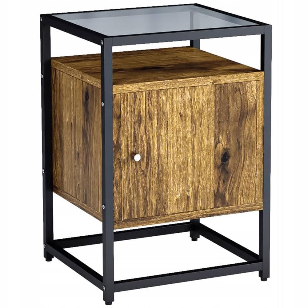 BAKAJI Nachttischschrank Beistelltisch für Sofa, Nachttisch aus Metall, Holz und Glas, mit Tür und Ablage, Holzwerkstoff, Schwarz, Medium