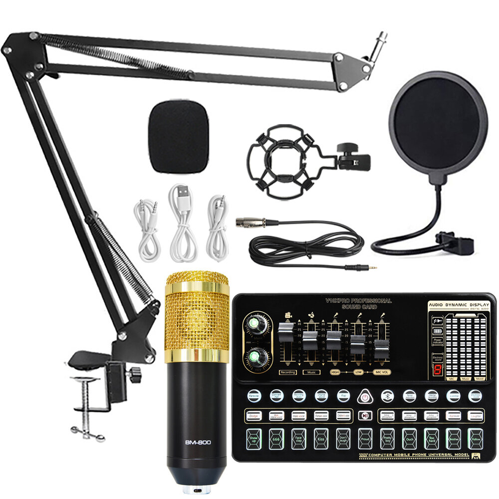 BM800 Kondensatormikrofon Satz Pro Audiostudio-Tonaufnahmemikrofon mit V10X PRO Mutifunktionale Bluetooth-Soundkarte