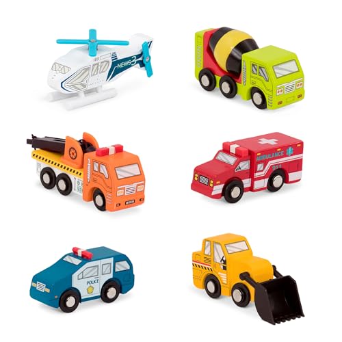 Battat Holzspielzeug 6er Set – Holzautos Bagger, Polizeiauto, Hubschrauber, Betonmischer, Krankenwagen, Abschleppwagen – Kinder Spielzeug Autos ab 3 Jahre