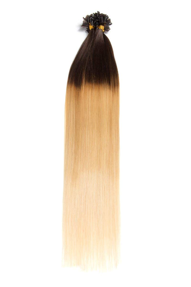 Schwarze Bonding Extensions aus 100% Remy Echthaar - 100x 1g 60cm Glatte Strähnen U-Tip als Haarverlängerung und Haarverdichtung in der Farbe ombre #1b/613 Naturschwarz/Hellichtblond