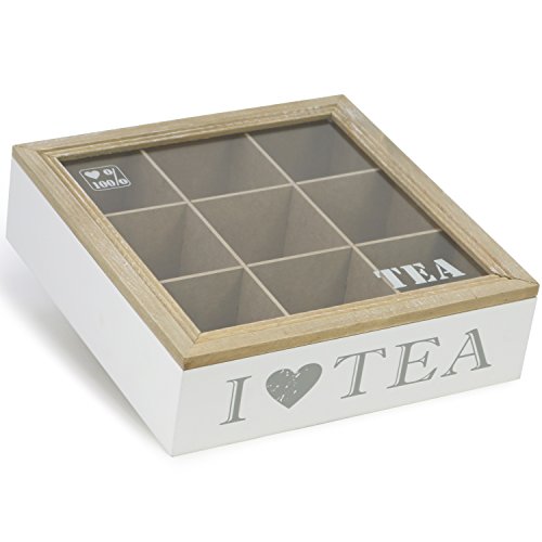 com-four® Aufbewahrungsbox für Teebeutel - weiße Tee-Box aus Holz mit braunem Deckel - mit 9 Fächern und Sichtfenster aus Glas (01 Stück - 9 Fächer)