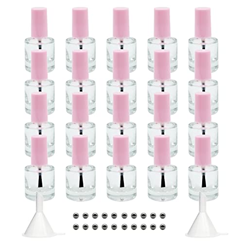 GTHER 20 leere Nagellackflaschen, 8 ml, transparentes Glas, nachfüllbar, Behälter mit Pinseldeckel, Trichter und Mischkugeln für Nagelkunst (zartes Rosa)