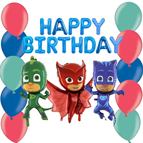 PJ Masks Balloon Pack - Enthält 16 "Blue Happy Birthday Ballon Banner, 36" Owlette Folienballon, 36 "Catboy Folienballon & 36" Gekko Folienballon & 30 12 "Latex in Rot, Blau & Grün