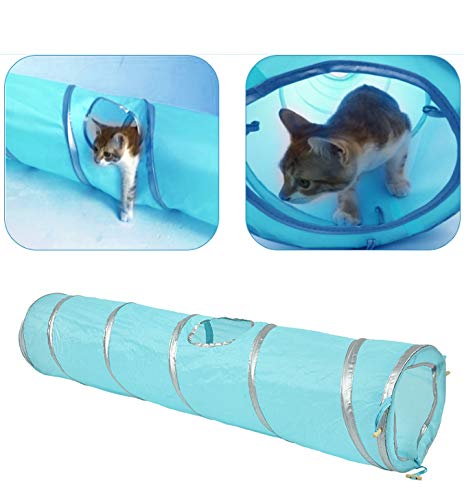 Katzentunnel Katzenspielzeug Spieltunnel, 47,2 inch Faltbare Cat Crinkle Tunnel mit einem Loch und Ball für Kätzchen Spielen Spaß Training Katze Interaktives Spielzeug(Blau)