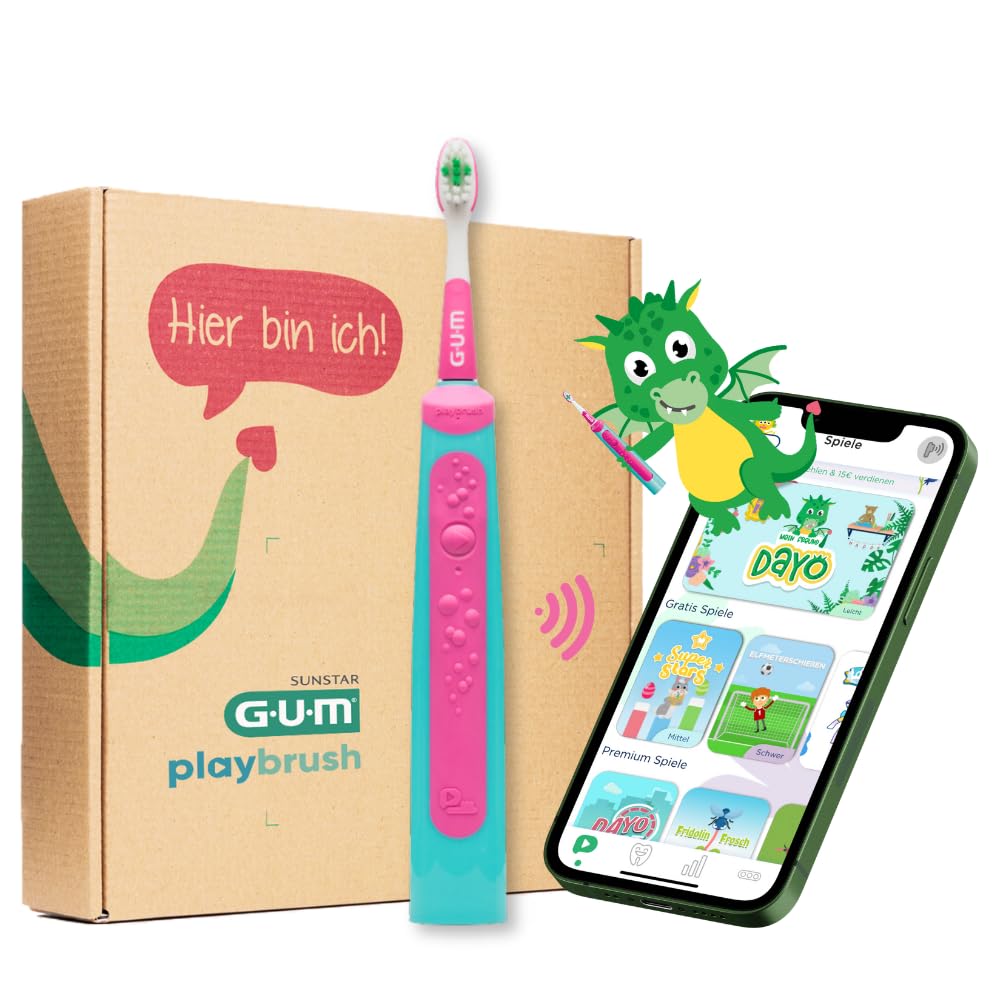 GUM Playbrush KIDS 3+, smarte elektrische Schallzahnbürste für Kinder ab 3 Jahren mit interaktiver Spiele-App, Andruckkontrolle, Timer, 2 Putzprogrammen, 1 Aufsteckbürste, 8 Wochen Akku, Pink