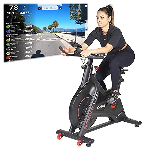 Care Fitness - Spider LTD Heimtrainer - Indoor Bike mit Bluetooth-Verbindung - Magnetbremse - Riemenantrieb - 15 kg Schwungmasse - Programme über Kinomap App