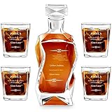 Murrano Whiskey Karaffe + 4er Whiskygläser Set mit Gravur - 700ml Whisky Dekanter - Geschenk zum Geburtstag für Männer - Danksagung