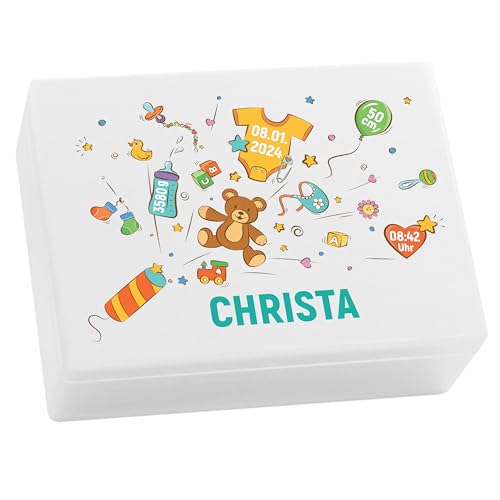 LAUBLUST Erinnerungsbox Baby Personalisiert - Geschenkbox Motiv - Geschenk zur Geburt | L - ca. 40 x 30 x 14 cm, Holzkiste Weiß FSC®