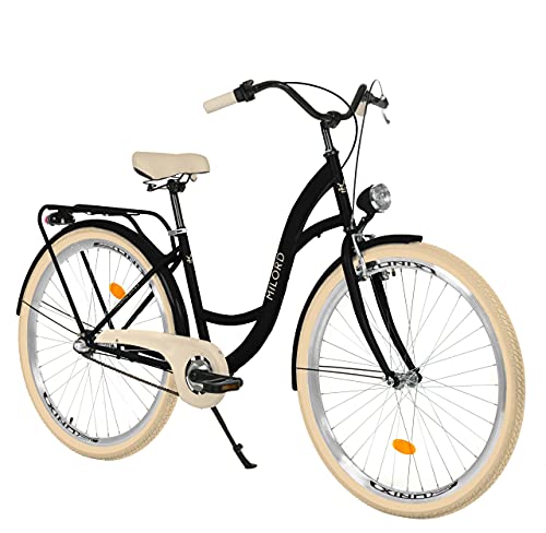 Milord. 26 Zoll 3-Gang, schwarz und Creme, Komfort Fahrrad mit Rückenträger, Hollandrad, Damenfahrrad, Citybike, Cityrad, Retro, Vintage