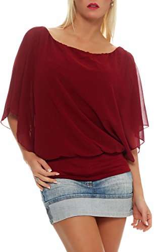 Damen Bluse im Fledermaus Look | Tunika mit Rundhals und breitem Bund | Blusenshirt Kurzarm | Elegant - Shirt 6296 (Bordeaux)