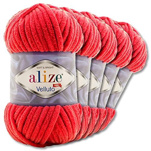 Wohnkult Alize 5x100 g Velluto Premium Wolle 30 Auswahl Chenillegarn Samtwolle Amigurumi Decken Accessore Kleidung DIY (56 | Rot)
